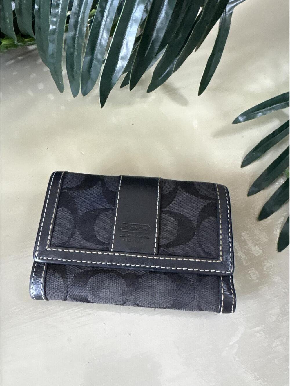 Coach Signature Black Canvas and Leather Tri-Fold Wallet Ladies